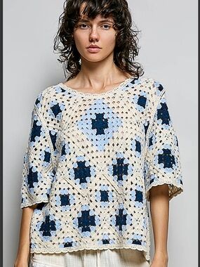 Pol. Crochet Square-Pattern Women's Top - Blue/Cream